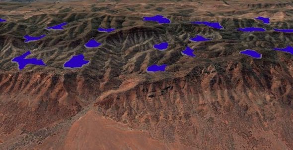 Potential PHES upper reservoir sites east of Port Augusta, South Australia. The lower reservoirs would be at the western foot of the hills (bottom of the image)