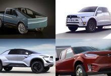 Tesla electric ute renders, L-R: Erwin Meyer, Stephen William Mason, Emre Husman, McHoffa