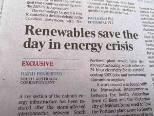 Murdoch media headline shock: “Renewables save the day in energy crisis”