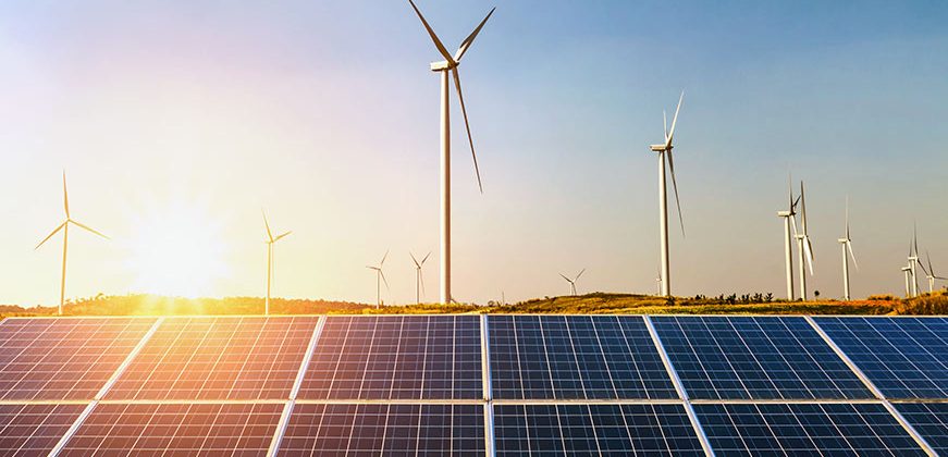 via Canva - solar panels and wind turbine with sunset on the hill concept idea clean energy - optimised