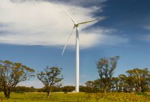 A turbine at the Gullen Range wind farm (Goldwind Australia).