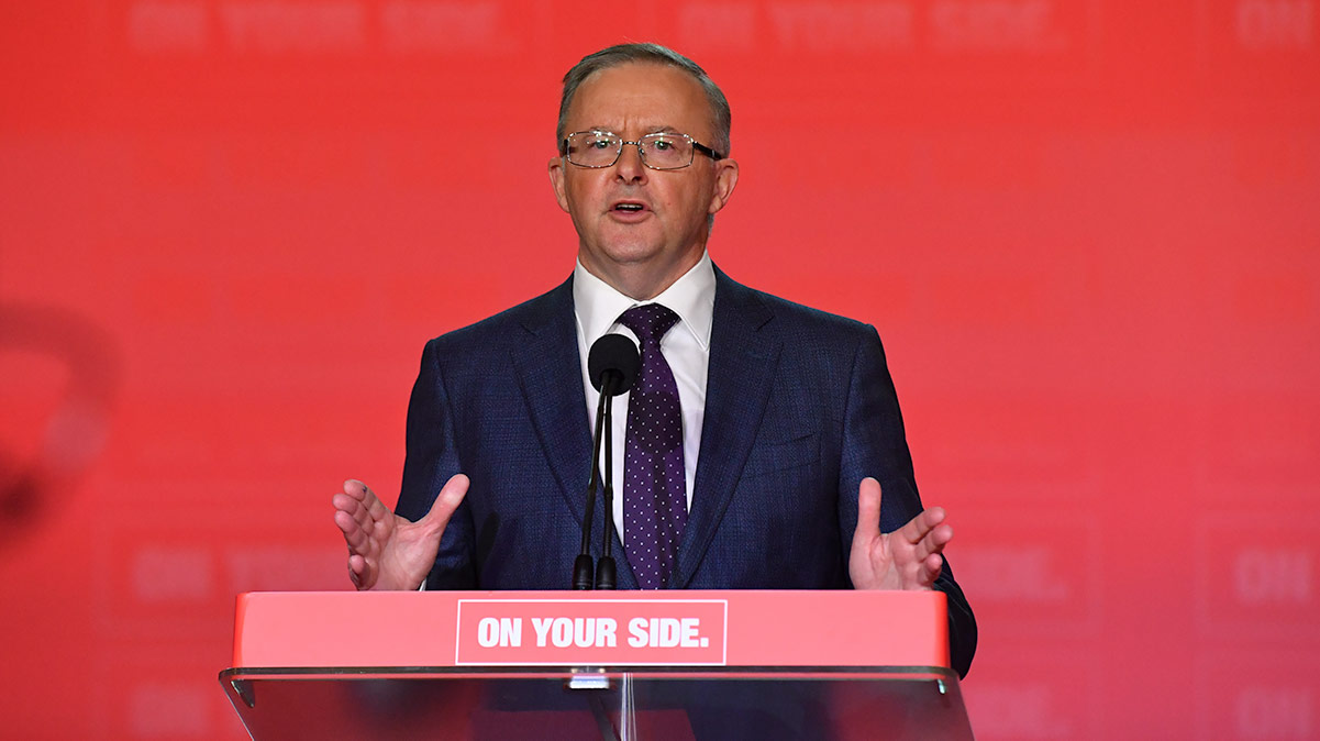 Anthony Albanese at the Australian Labor Party National Conference at the Revesby Workers Club in Sydney (AAP Image/Mick Tsikas).