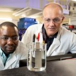 PhD researcher Olawale Oloye and Professor Anthony O’Mullane from the QUT Centre for Clean Energy Technologies and Practices.