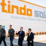 Tindo Solar GM Robert Sporne, CEO Shayne Jaenisch, Shadow Minister for Climate Change and Energy Chris Bowen and Member for Makin Tony Zappia outside Tindo Solar in Adelaide. (AAP Image/Morgan Sette).