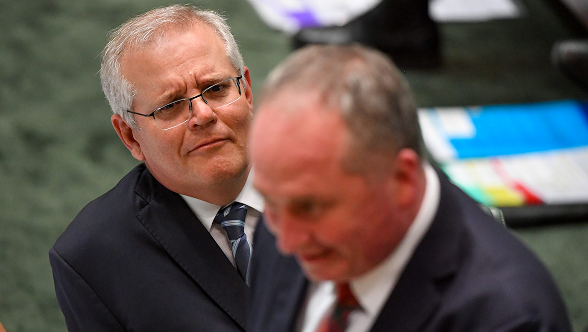 Prime Minister Scott Morrison and Deputy Prime Minister Barnaby Joyce during Question Time in the House of Representatives at Parliament House in Canberra. AAP Image/Mick Tsikas