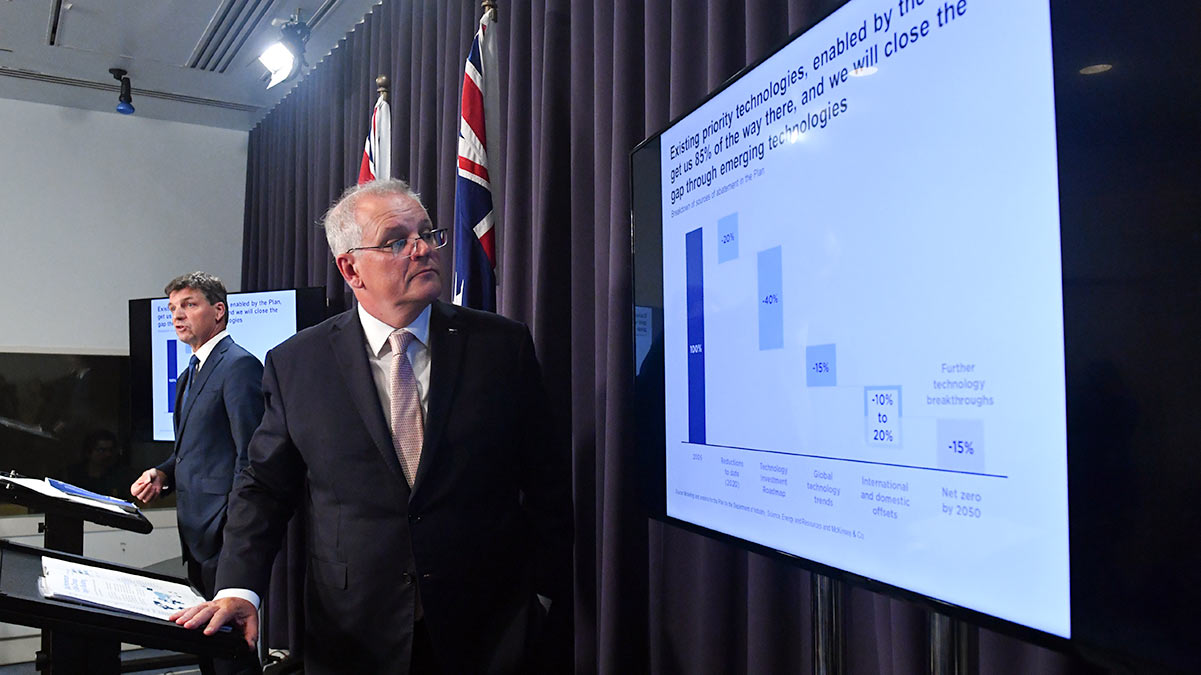 Minister for Energy Angus Taylor and Prime Minister Scott Morrison speaks to the media during a press conference at Parliament House in Canberra (AAP Image/Mick Tsikas).