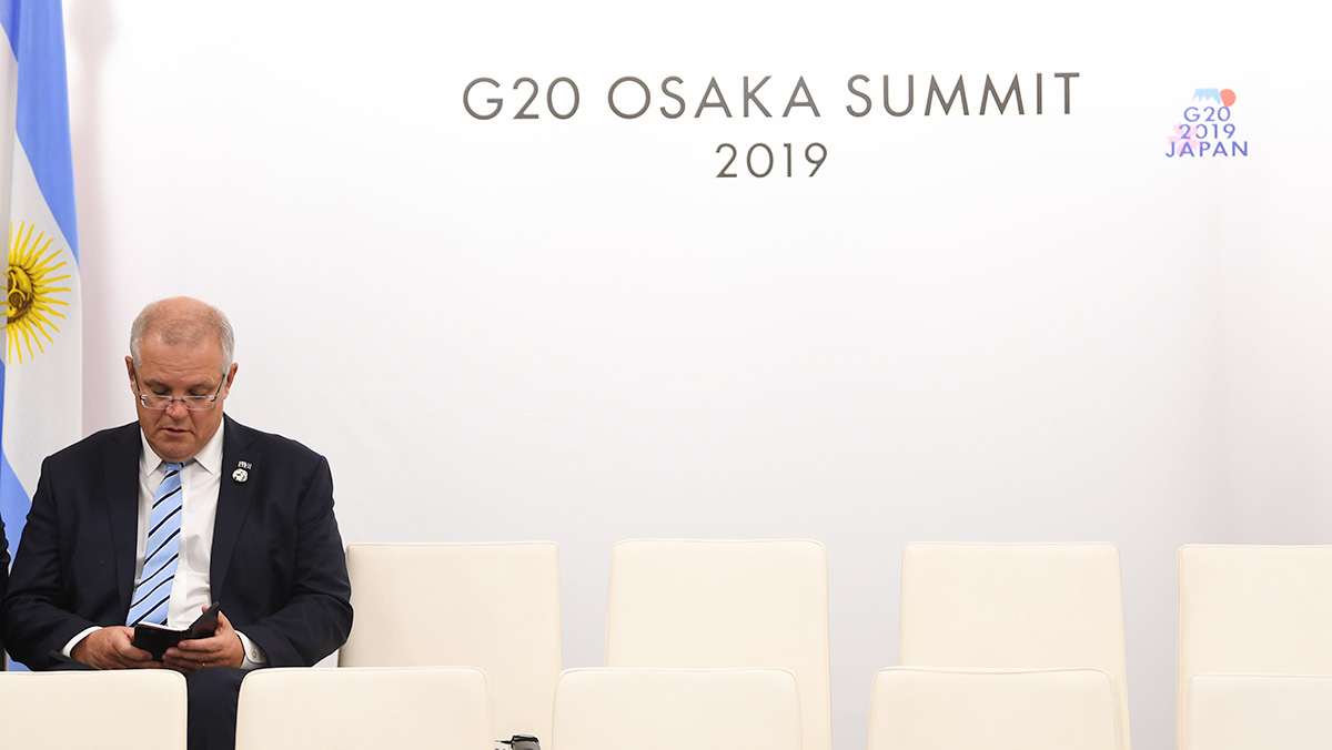 Prime minister Scott Morrison at the 2019 G20 talks held in Osaka, Japan. (AAP Image/Lukas Coch)