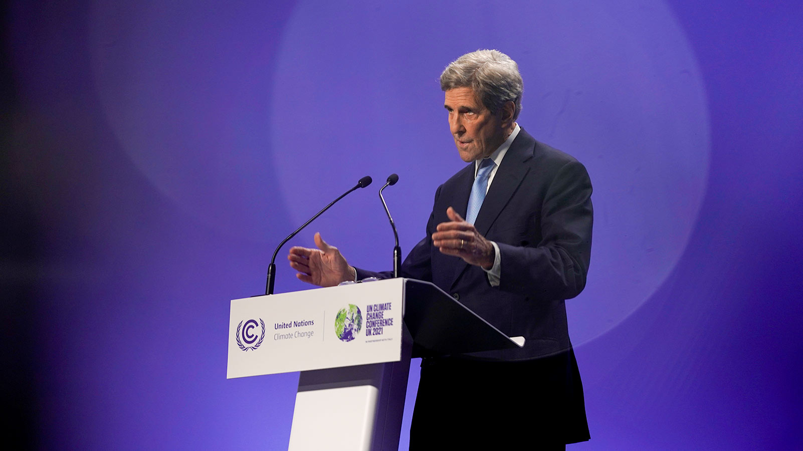 United States Special Presidential Envoy for Climate, John Kerry, speaks during COP26 in Glasgow. Credit: AP/Alberto Pezzali.