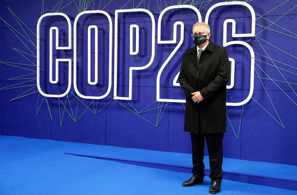Prime Minister Scott Morrison arrives for the COP26 summit at the Scottish Event Campus (SEC) in Glasgow. (Phil Noble/Pool via AP)