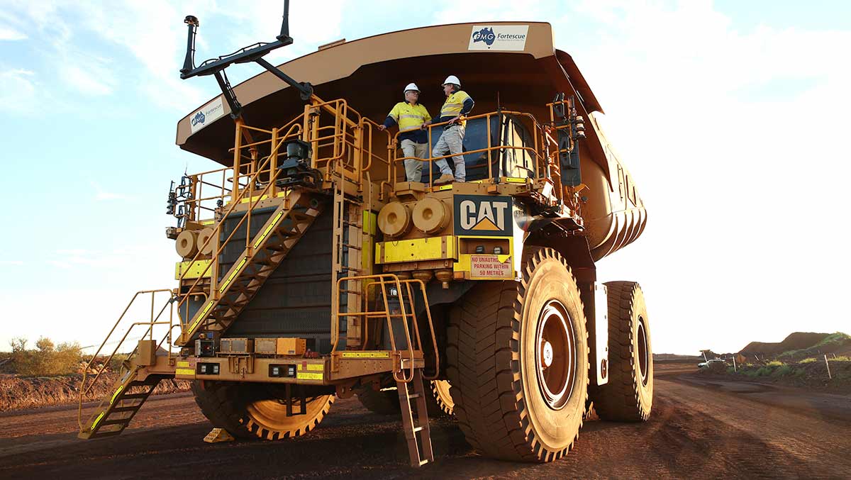 Prime minister Scott Morrison with Andrew Forrest at Fortescue Metal's Christmas Creek Mine. (AAP Image/Pool, Justin Benson-Cooper)