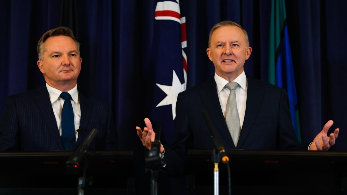 Australian Opposition Leader Anthony Albanese (right) and shadow Minister for Climate Change and Energy Chris Bowen speak to the media during a press conference at Parliament House in Canberra. (AAP Image/Lukas Coch)