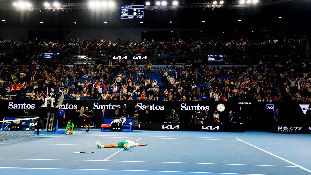 Santos advertising was featured prominently during the 2021 Australian Open final. (AAP Image/Dave Hunt).
