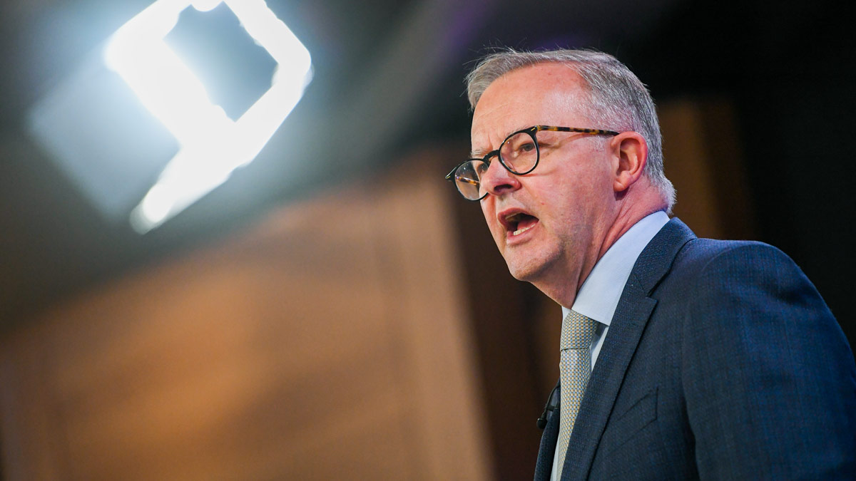 Australian Leader of the Opposition Anthony Albanese speaks at the National Press Club in Canberra. AAP Image/Lukas Coch.