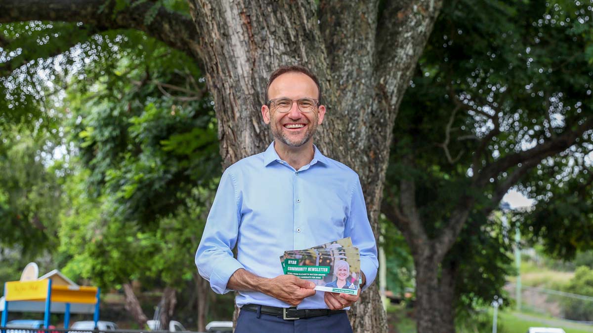 Australian Greens Leader Adam Bandt at a party event in Brisbane. (AAP Image/Russell Freeman)