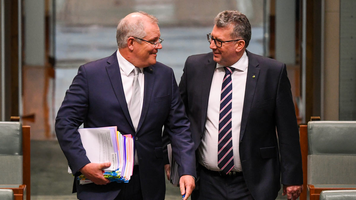 Prime Minister Scott Morrison and Resources Minister Keith Pitt Question Time in Canberra. (AAP Image/Lukas Coch)