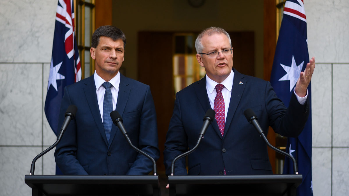 Federal energy minister Angus Taylor and prime minister Scott Morrison. AAP Image/Lukas Coch