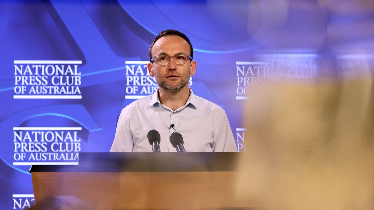 Australian Greens leader Adam Bandt addresses the National Press Club in Canberra. (AAP Image/Gary Ramage)