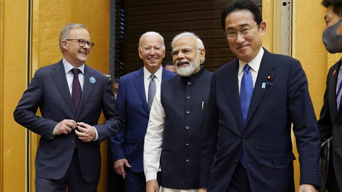 Australian Prime Minister Anthony Albanese, left, U.S. President Joe Biden, Indian Prime Minister Narendra Modi are greeted by Japanese Prime Minister Fumio Kishida, right, during his arrival to the Quad leaders summit at Kantei Palace. (AP Photo/Evan Vucci)