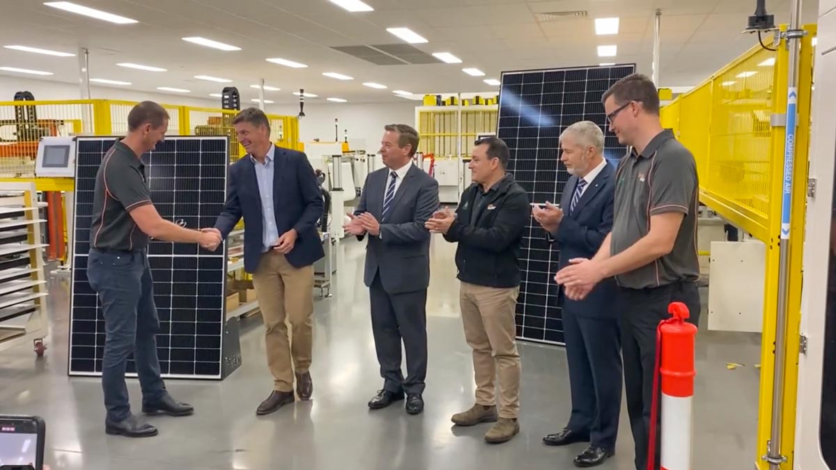 Federal energy minister Angus Taylor attends the opening of Tindo Solar's new solar panel assembly line in Adelaide. (Photo source: Tindo Solar).