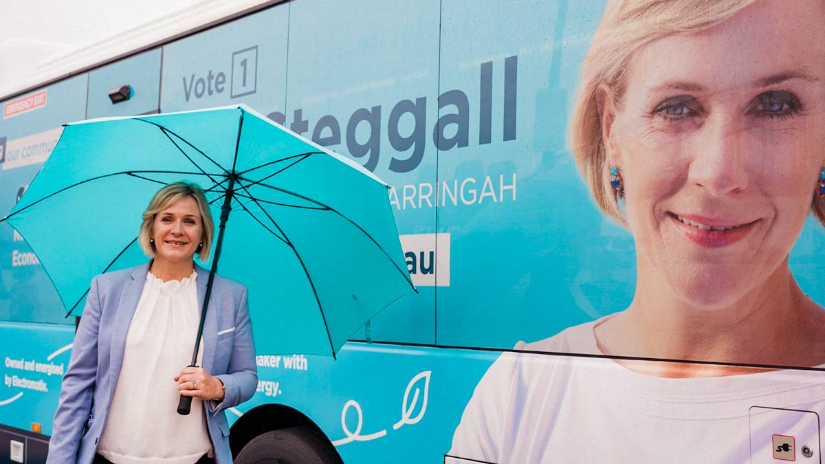 Independent member for Warringah, Zali Steggall, with her electric campaign bus.