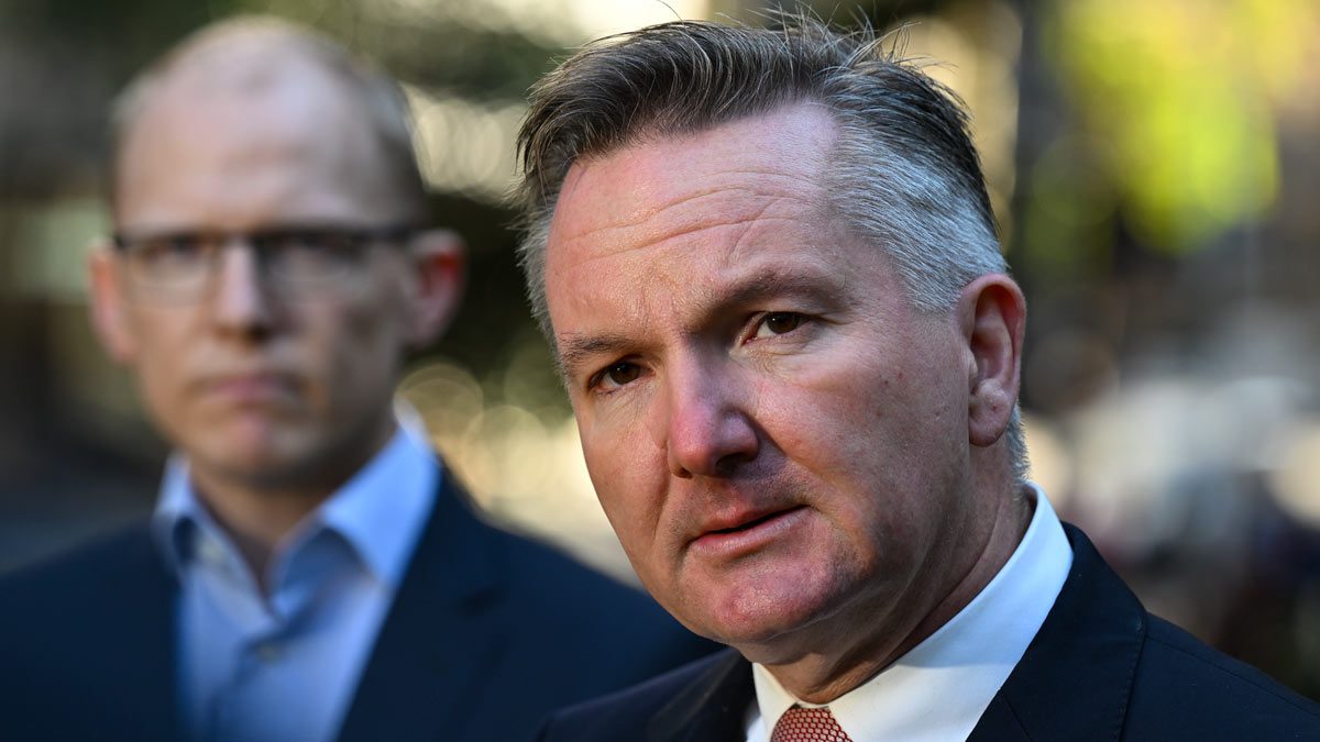 Federal Minister for Climate Change and Energy Chris Bowen (right) and AEMO chief executive Daniel Westerman (left) speaks to media during a press conference in Sydney. (AAP Image/Dean Lewins)