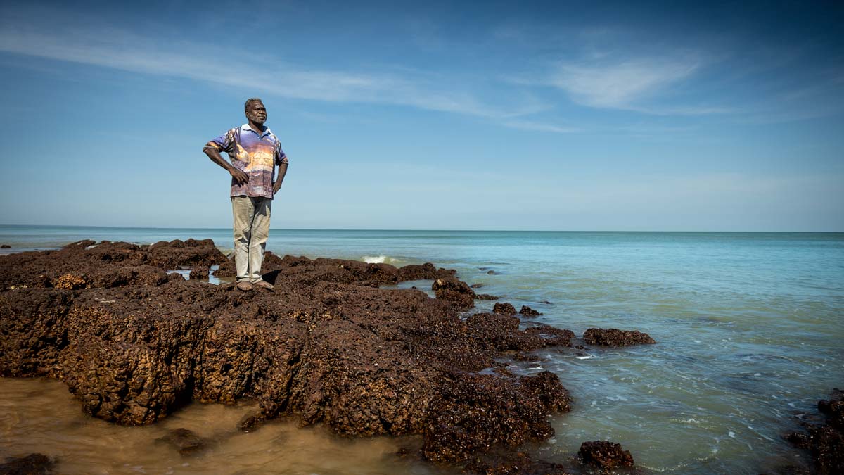 Dennis Tipakalippa standing on his country at the Northern Beaches of Melville Island. (Photo credit: Rebecca Parker).
