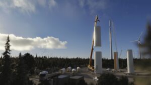 World’s tallest wind turbine tower made of wood goes up in Sweden