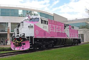 Gina Rinehart unveils a bright pink electric locomotive, to beat Forrest at his own game