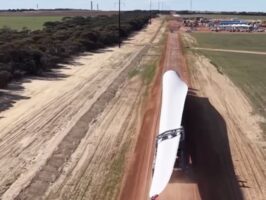 First of dozens of 80 metre-long turbine blades arrives at first new wind farm in state’s main grid for years